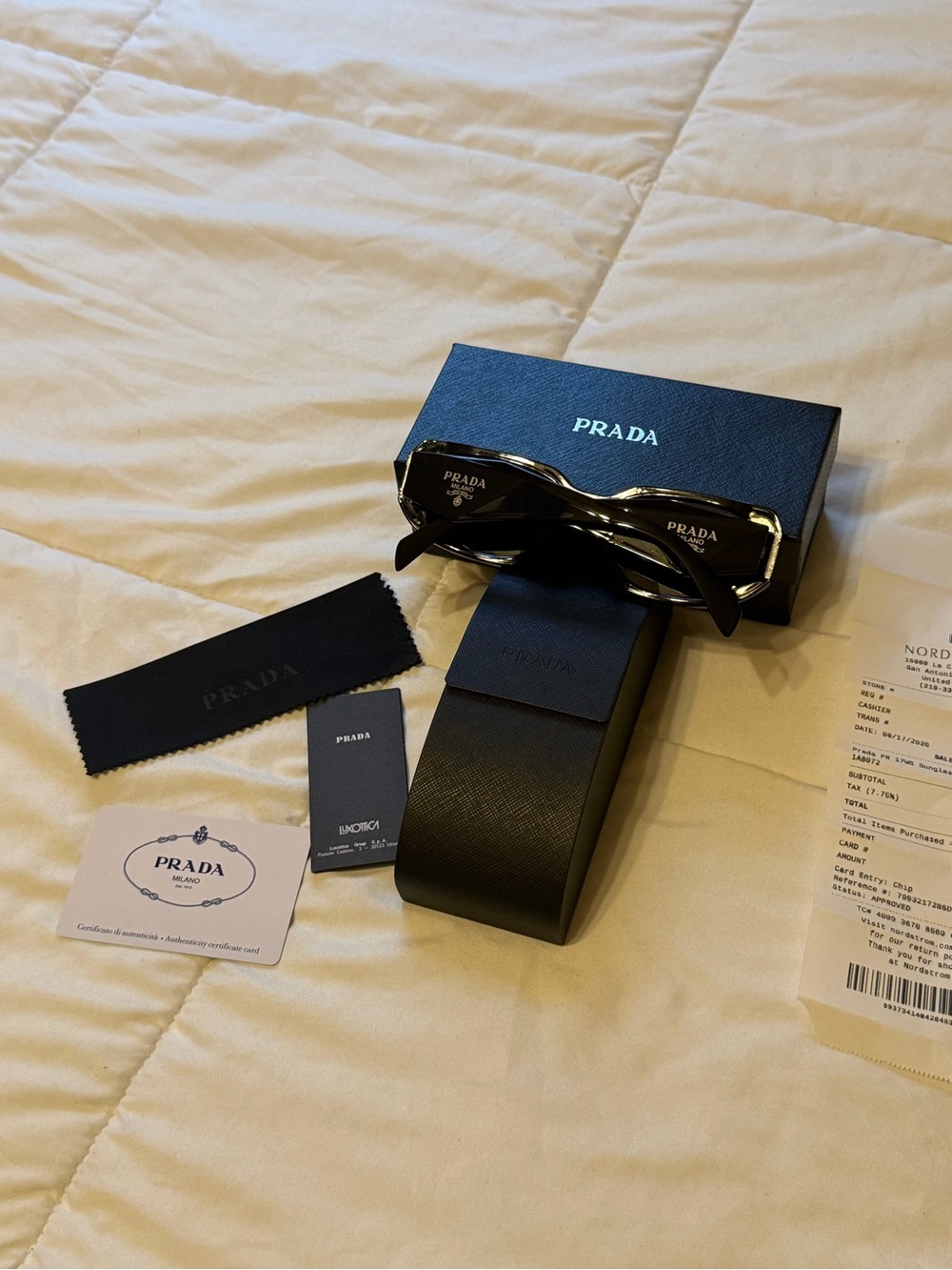 Prada Black Sunglasses Case Set with Box, Cloth & Cards